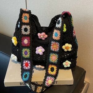 BLACK Granny Square Crochet Tote Bag with Flowers